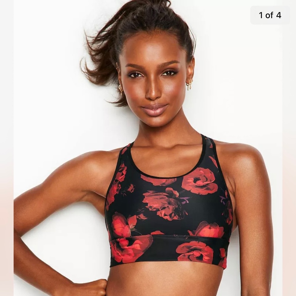Victoria's Secret THE PLAYER RACERBACK SPORT BRA Black Bra w Red Roses Valentine